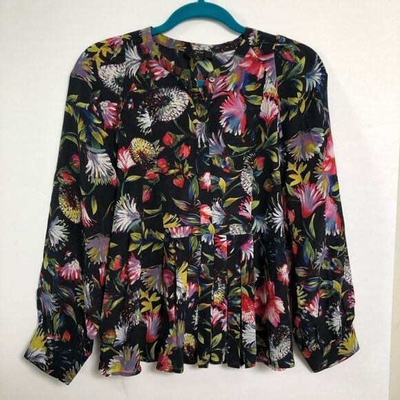 J. Crew Black Floral Silk Blouse Popover Small - Picture 6 of 8